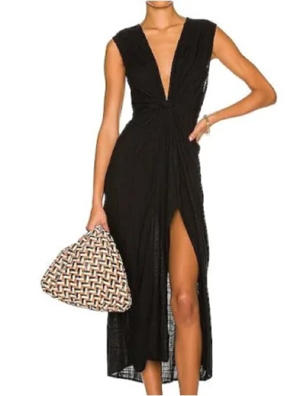 L’Space down the line- Black Deep V-Neck Side Slit Maxi Dress Coverup-XL- NWOT